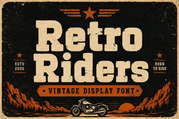 Retro Riders font preview with bold biker-inspired retro letters