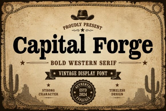 Capital Forge font preview with engraved Roman capital letters for premium branding