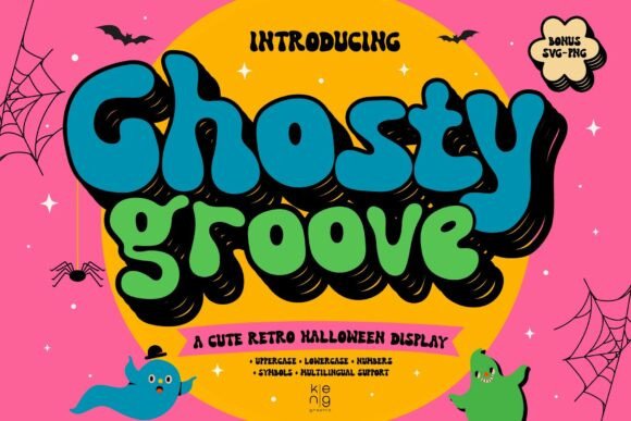 Ghosty Groove groovy retro display font for 70s design inspired vintage fonts
