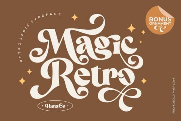 Magic Retro font preview with psychedelic curves and bold retro style