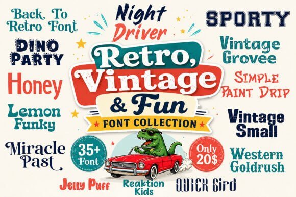 Retro Vintage Fun Collection font previews in playful groovy styles