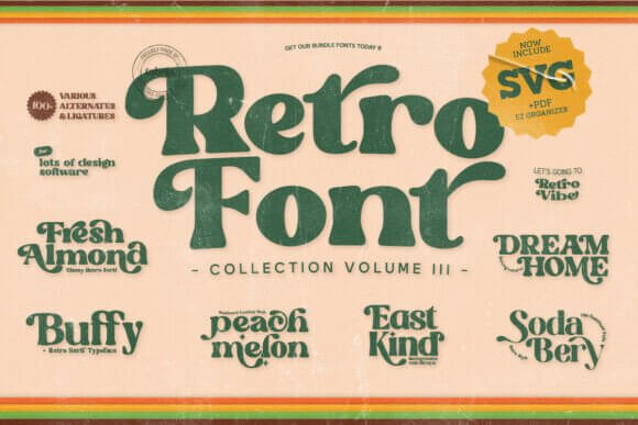 Retro Groovy Bundle font preview showing multiple groovy retro typefaces