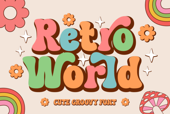 Retro World font preview with travel poster inspired retro lettering