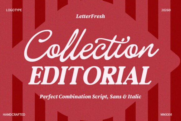 Editorial Collection Duo font preview showing paired serif and sans styles for editorial layouts