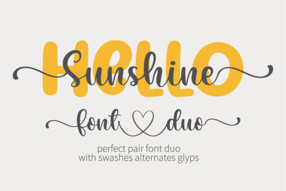 Hello Sunshine handwriting font preview with playful cursive alphabet and swashes