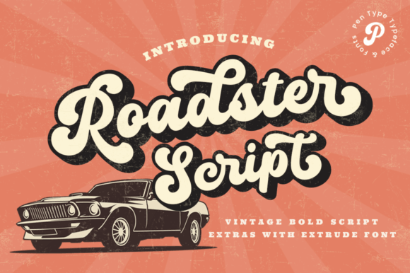 Roadster Script font preview with retro racing inspired cursive vintage lettering