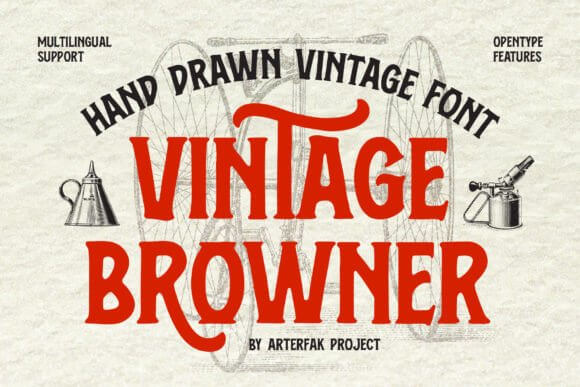 Vintage Browner font preview with rustic brown label-style lettering