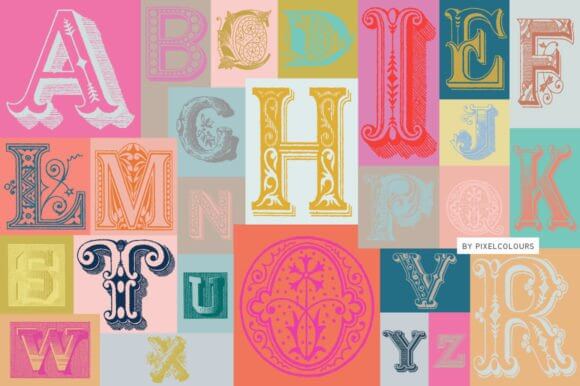 Antique font preview with classic serif vintage letters
