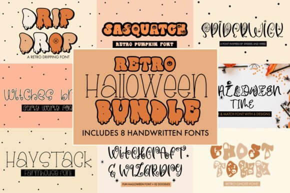 Retro Halloween Bundle font preview with groovy vintage spooky lettering styles
