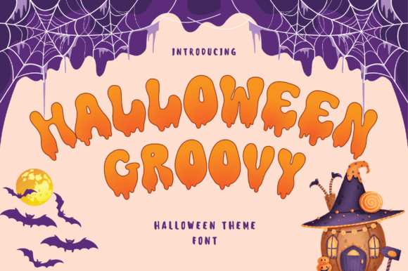 Halloween Groovy font preview with retro bubble letters in orange and cream for spooky seasonal designs