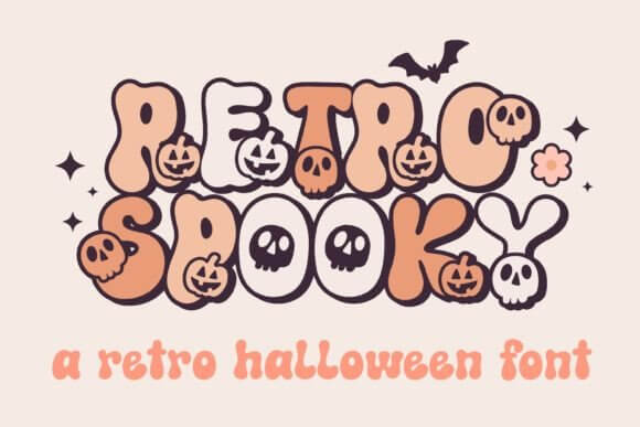 Retro Spooky Halloween font preview with wavy vintage letters and spooky smiley graphics