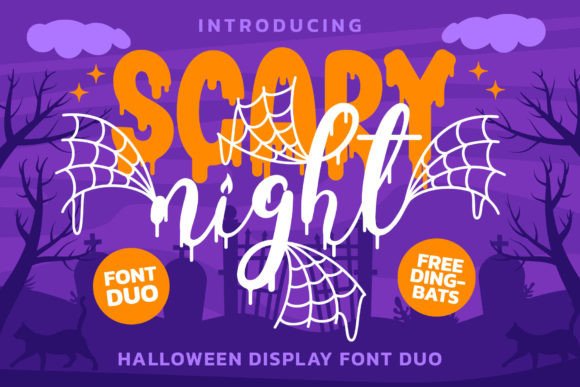 Scary Night Duo Halloween font preview with rough spooky serif and script styles
