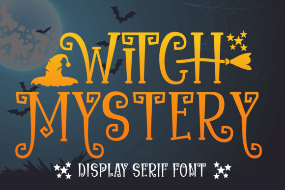 Witch Mystery halloween font preview with witchy handwritten letters and spooky decorative details