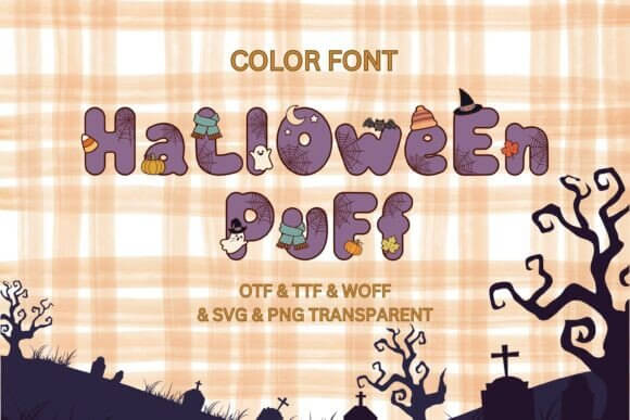 Halloween Puff font preview with chunky soft Halloween letters and playful ghostly look