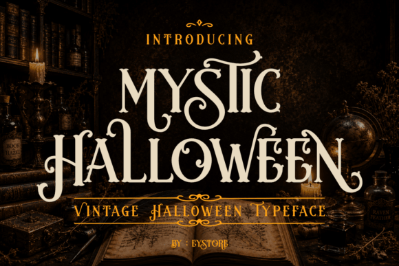 Mystic Halloween font preview with witchy decorative lettering for occult branding
