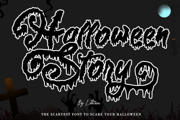 Halloween Story font preview with whimsical spooky handwriting for seasonal titles