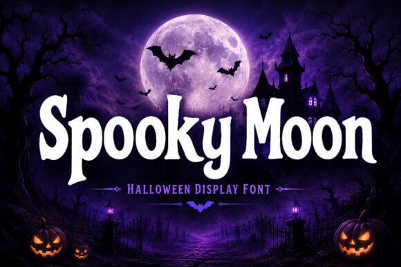 Spooky Moon font preview with moonlit Halloween display type
