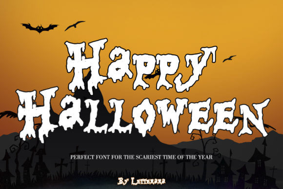 Happy Halloween font preview with cheerful spooky script for event graphics
