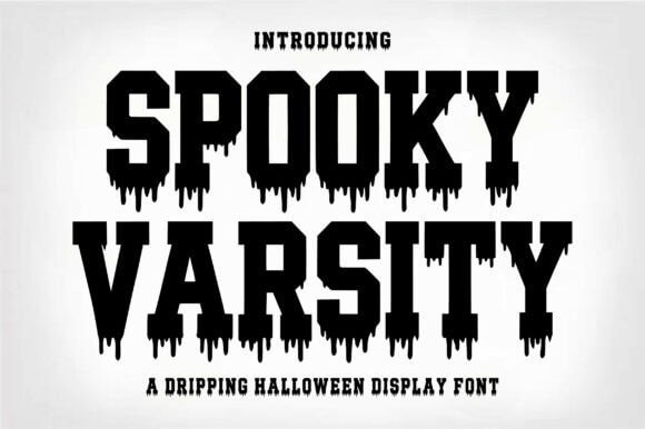 Spooky Varsity font preview with sporty Halloween block lettering