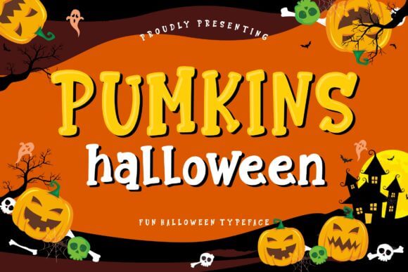 Pumkins Halloween font preview with pumpkin-inspired cute fall lettering