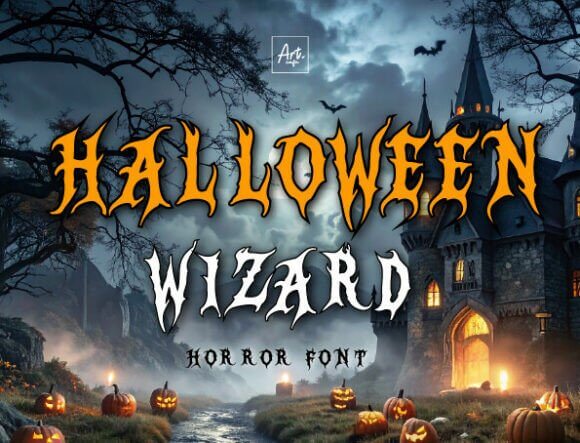 Halloween Wizard font preview with magical gothic serif style