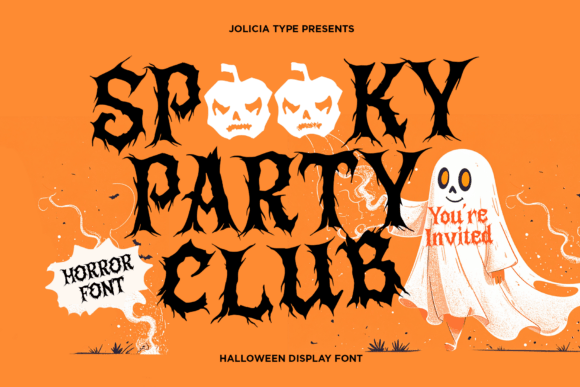 Spooky Party Club font preview with bold club-style Halloween lettering for flyers
