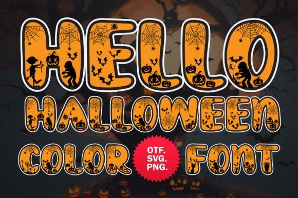 Hello Halloween font preview with friendly seasonal display lettering