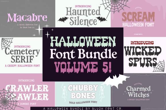 Halloween Bundle Volume 5 font collection preview with mixed spooky lettering styles
