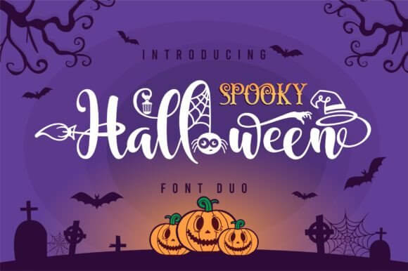 Halloween font preview in a spooky witch style with decorative letters
