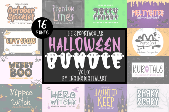 The Spooktacular Halloween Bundle Vol 01 font set preview with mixed spooky lettering