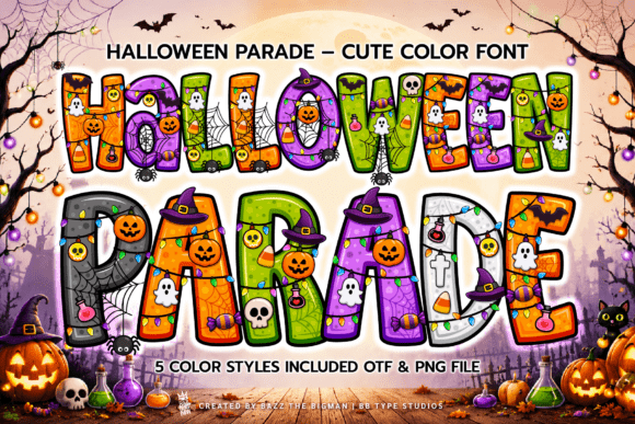 Halloween Parade font preview with playful festive spooky lettering