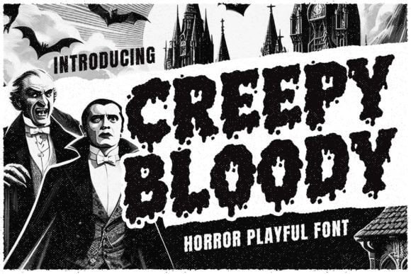Creepy Bloody font preview with dripping blood horror lettering