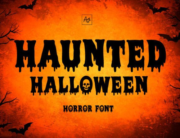 Haunted Halloween font preview with playful horror script and spooky icons