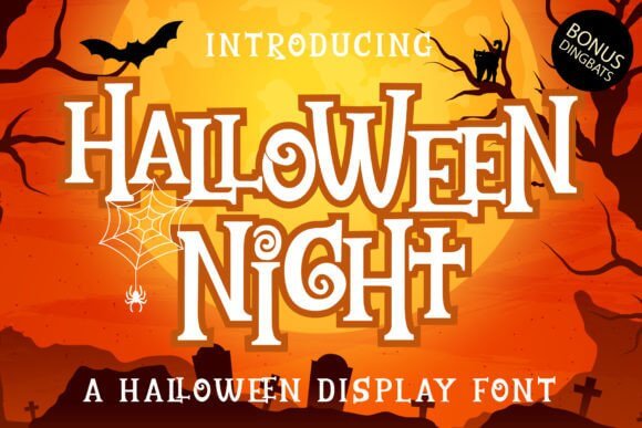 Halloween Night font preview with dark eerie lettering for party posters and haunted graphics