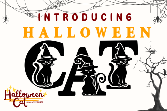 Halloween Cat font preview with cute spooky cat themed letters