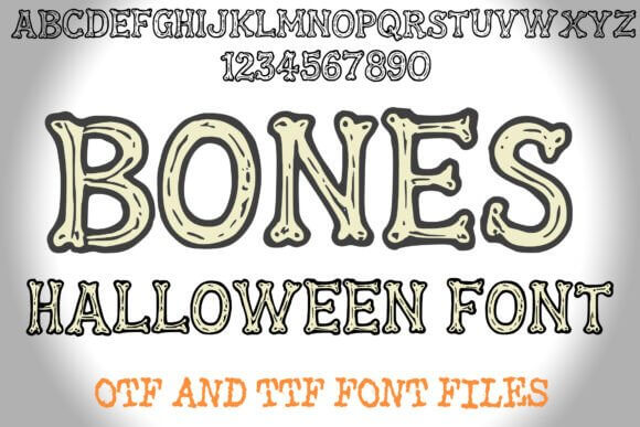 Bones Halloween font preview with skeletal halloween display lettering