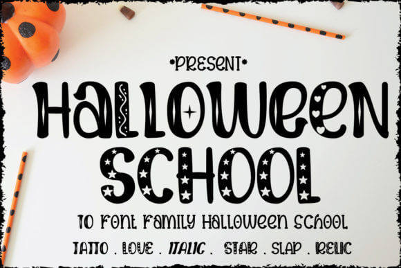 Halloween School font preview with playful classroom-style Halloween lettering for kids crafts