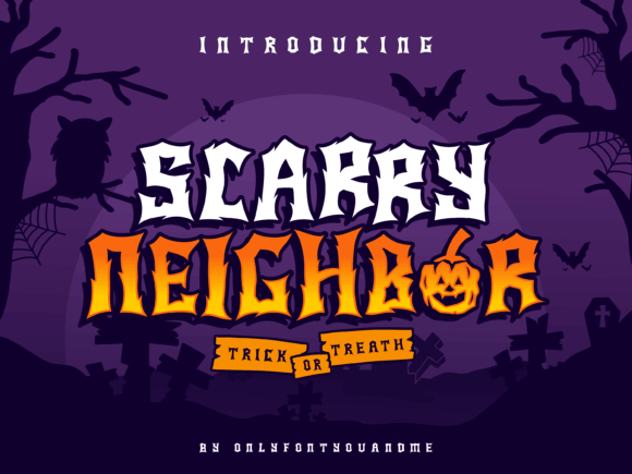 Scary Neighbor font preview with jagged spooky text for horror graphics