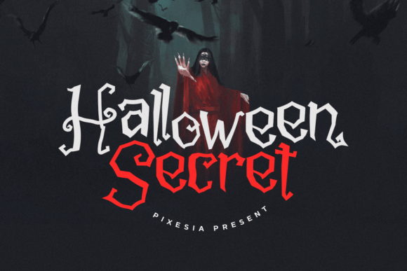 Halloween Secret font preview with magical spooky type and decorative accents