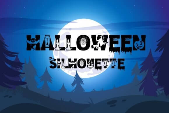 Halloween Silhouette font preview with decorative spooky shapes and halloween themed characters