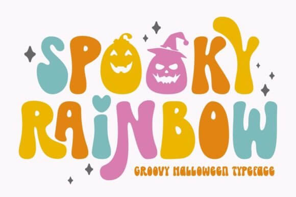Spooky Rainbow font preview with colorful Halloween lettering for kids and party designs