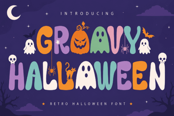Groovy Halloween retro font for colorful October designs